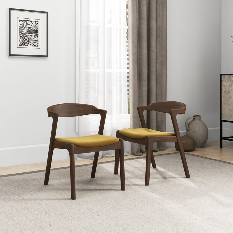 Chaise en bois de noyer massif et chaises d'appoint en cuir de velours jaune (ensemble de 2), Jaune