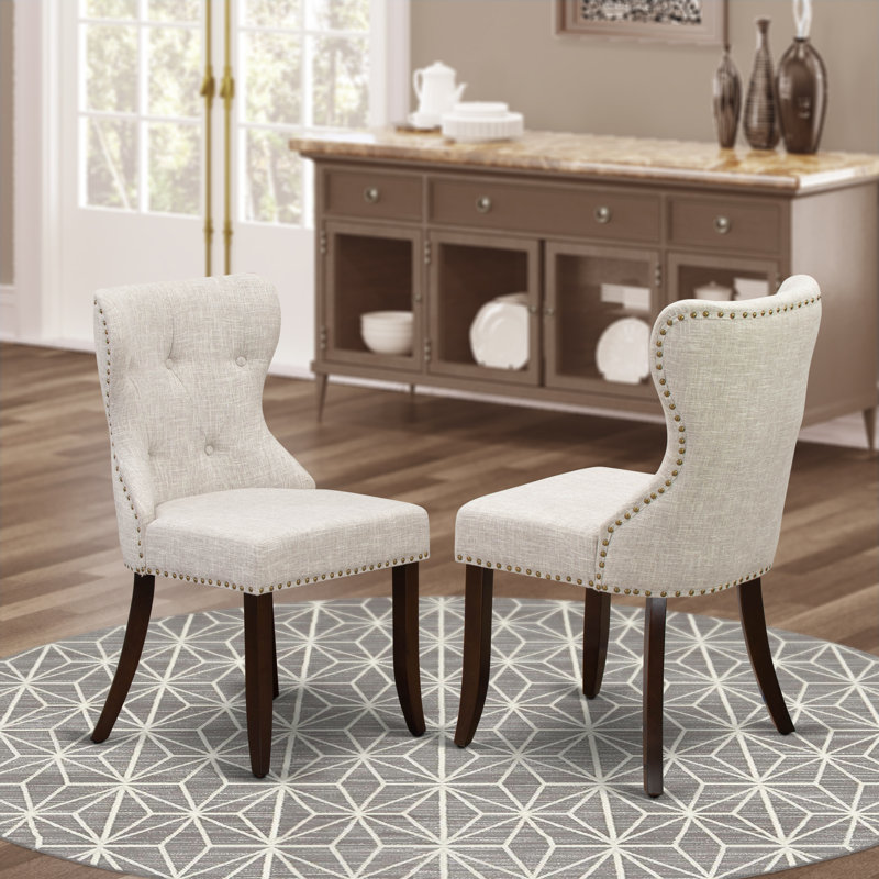 Sion Parson Dining Room Chairs - Button Tufted Nailhead Trim Doeskin Linen Fabric Upholstered Chairs, Set of 2, Mahogany