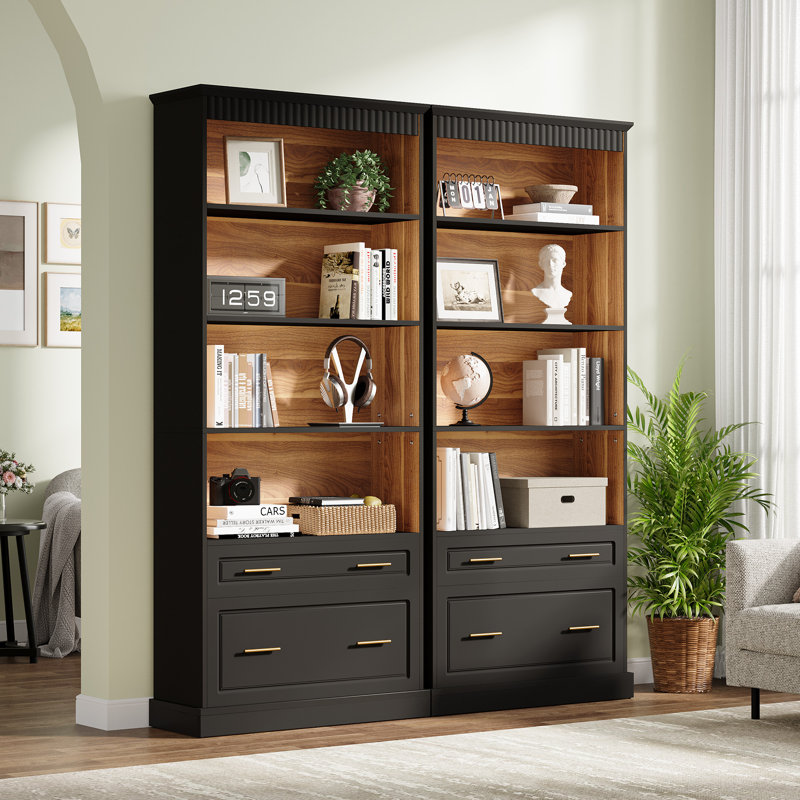 White & Walnut Bookcase with File Cabinet Drawers
