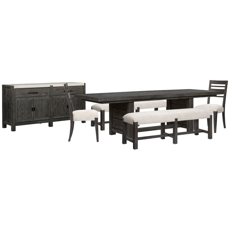 Table de salle à manger rectangulaire avec 2 bancs, 2 chaises d'appoint et un buffet