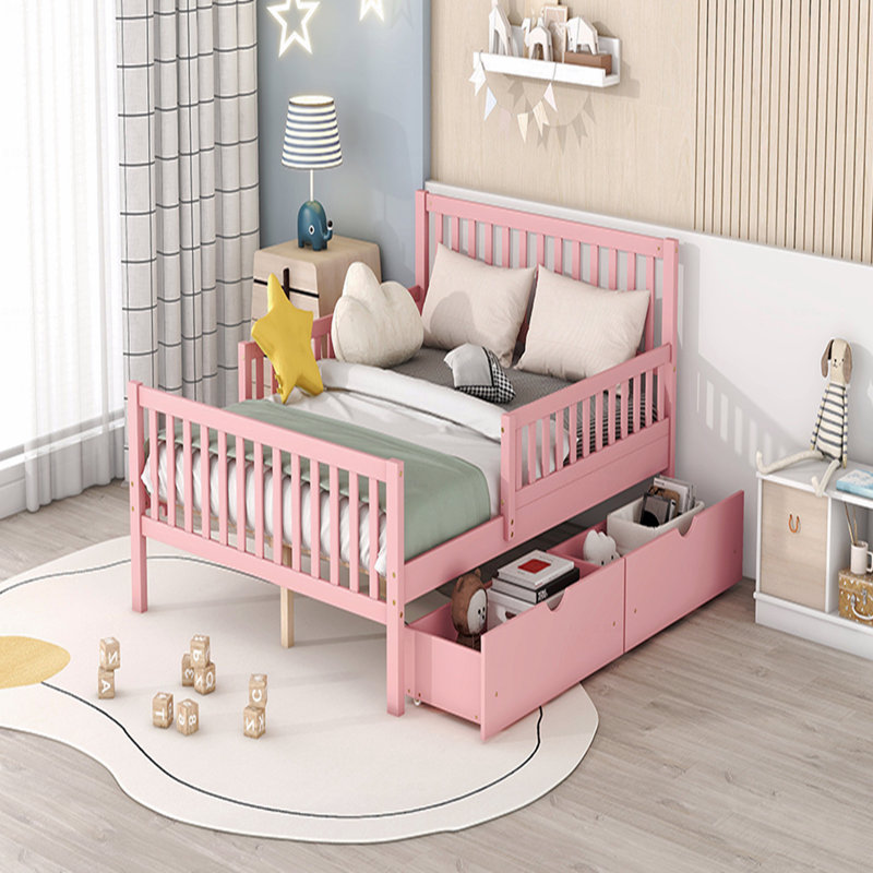 Full Size Wooden Frame Material Platform Bed Frame With Guardrails On Both Sides And Two With Storage Function Drawers,Pink