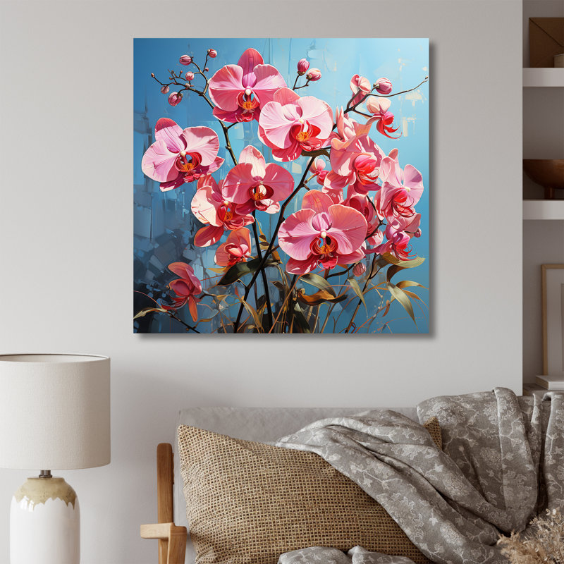 Orchidées roses néon sur toile, H 16 po x l 16 po x P 1 po, Toile tendue