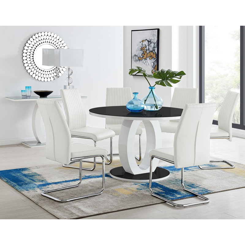 Scottsmoor 6 Seater High Gloss Round Dining Table Set with 6 Luxury Faux Leather Dining Chairs, White, Black