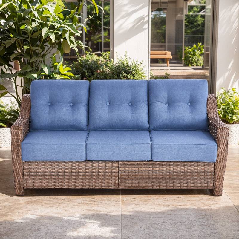 Canapé d'extérieur en rotin d'osier de 75 po avec coussins de 6 po Acton Acton, Bleu