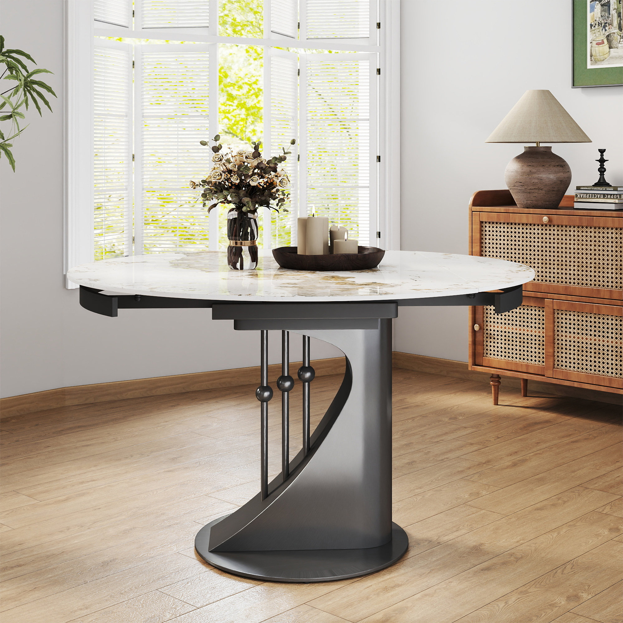 Orren Ellis Cogan Modern Extendable Round Sintered Stone Dining Table ...