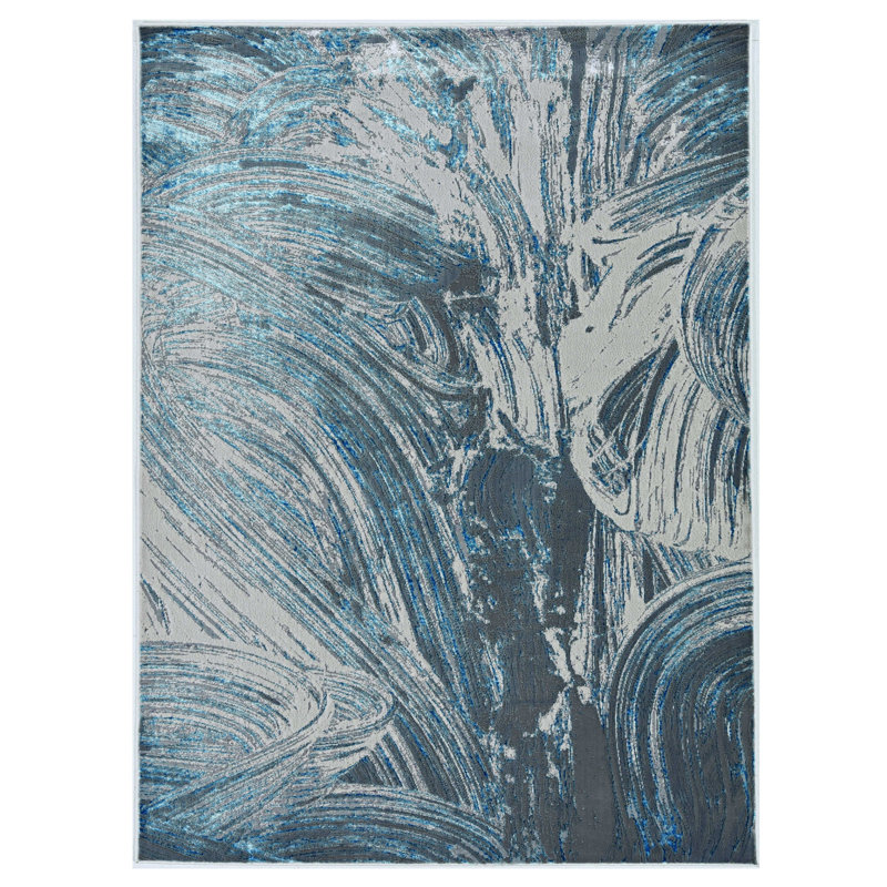 Tapis abstrait bleu et argent 8 pi x 11 pi