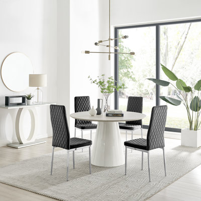 Statement 4 Person Round Dining Table Set in Luxury Beige Stone Effect - Velvet Dining Chairs