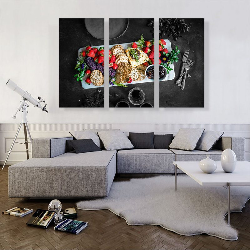 Strawberries Flowers Camomile Figs Cookies Tray - ensemble de 3 reproductions de photos sur toiles tendues