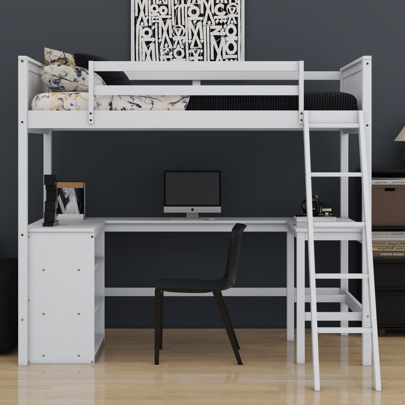 Lit mezzanine avec tablettes et bureau, Blanc