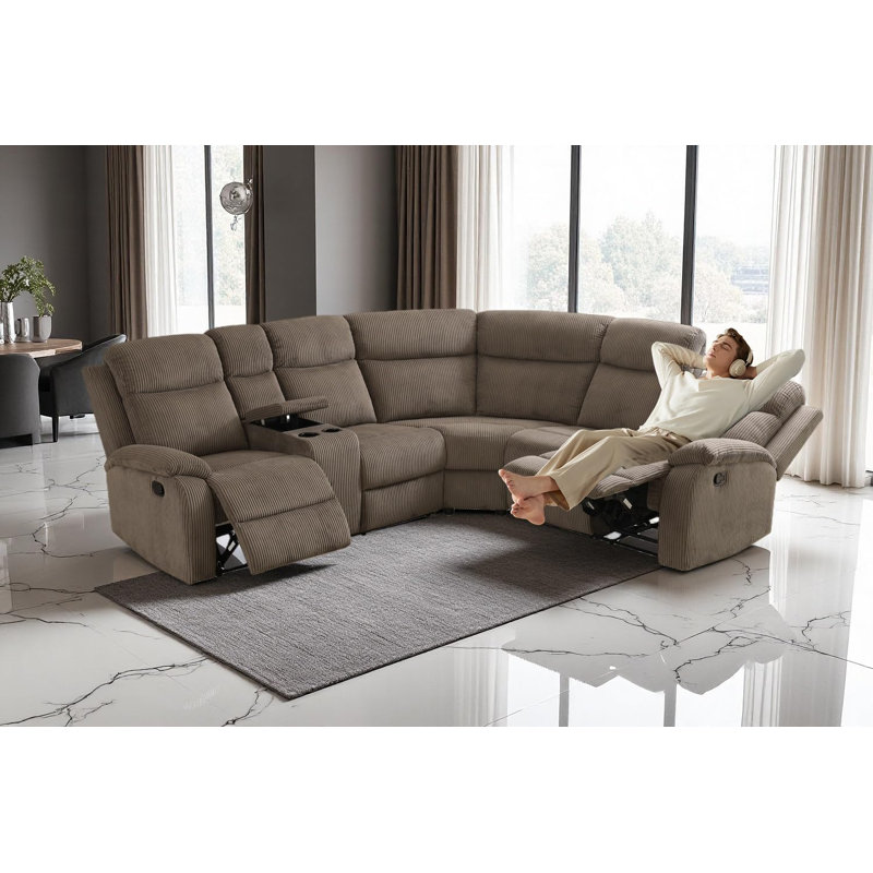 3-Piece Stripe Fabric Manual Reclining Curved Sectional With Storage Console And Cup Holders, Brown