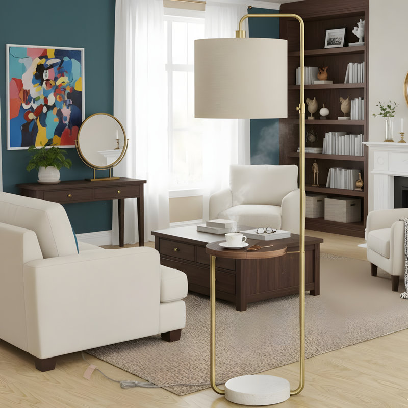 Lighting, 67-inch height, floor lamp, with USB port, brass metal, beige shade, modern style, Gold