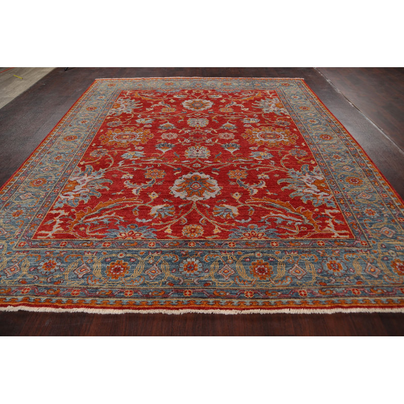 Tapis décoratif en laine de conception unique noué à la main New Age Oushak rouge/vert 8 pi 7 po x 10 pi 3 po New Age