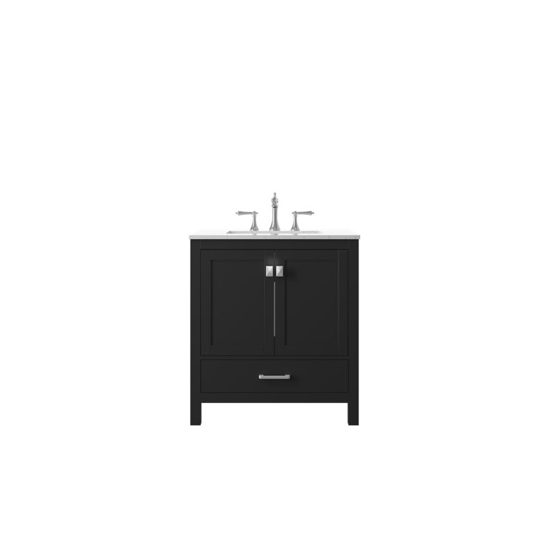 Meuble-lavabo simple noir 30 po avec comptoir en céramique blanc brillant, 1 tiroir et 2 portes.