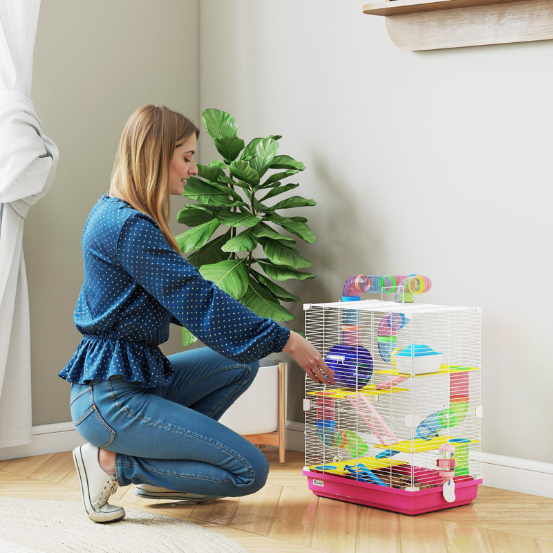 Cage à hamster 5 niveaux 45 cm avec tubes et tunnels, cage pour petits animaux avec poignée de transport, cage pour gerbilles avec biberon, gamelle et roue d'exercice, rose