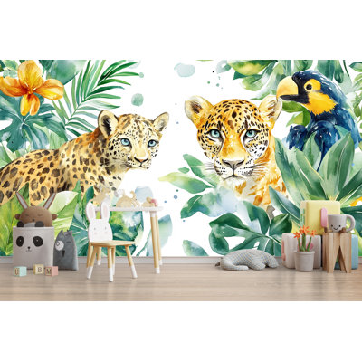 Murale de léopard de jungle et de perroquet - animaux de safari aquarelle - art mural chambre d'enfant ou chambre de bébé - papier peint décor jungle - option pelez et collez
