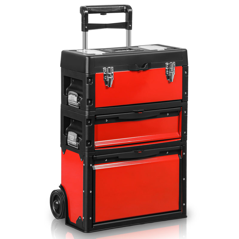3-In-1 Stackable Tool Box With Wheels, Rolling Hand Case Tool Box Trolley Chest Cabinet With Drawer, Red