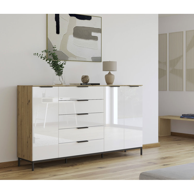 Flipp 5 - Drawer Chest of Drawers, Artisan Oak/White Glass/Graphite