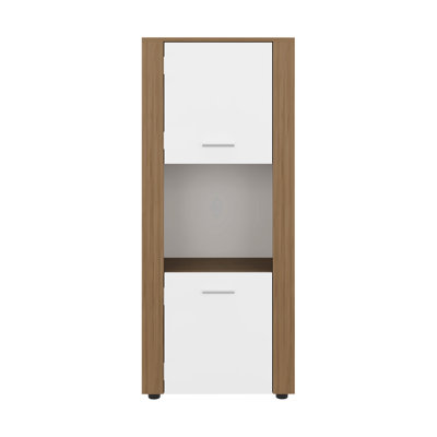 Natural Oak And White Vertical Storage Cabinet For Dining Areas, Maximizes In Compact Living Areas Modern Design With Horizontal Display Enhances Organization Small Spaces