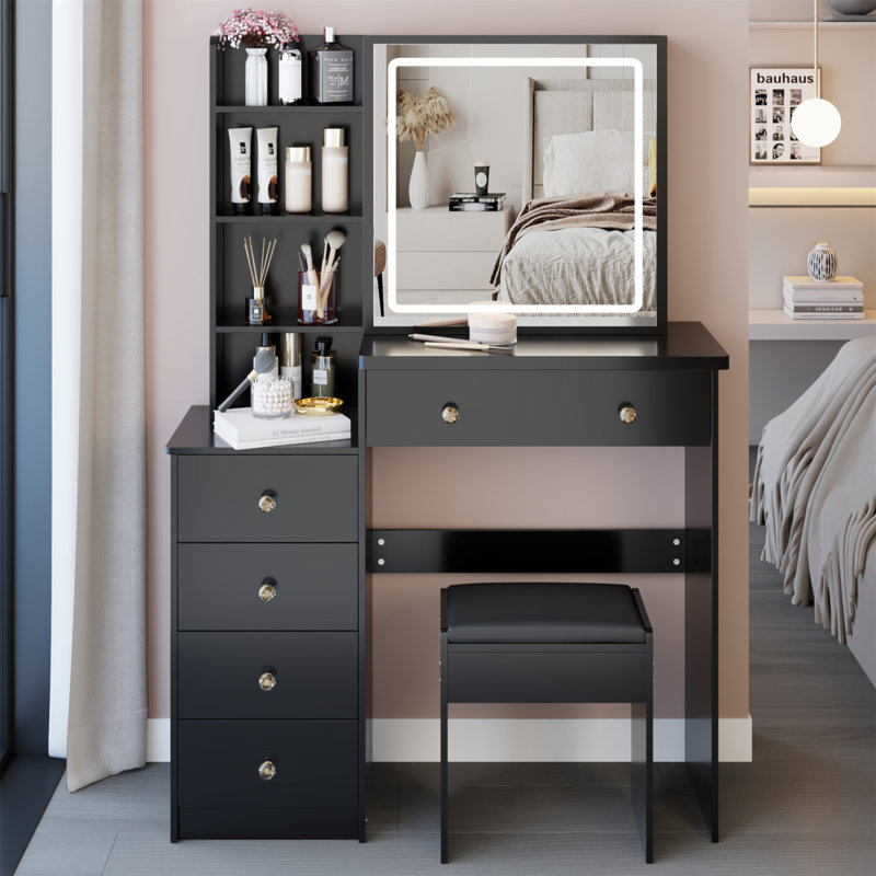 Meuble-lavabo de 37 po avec tabouret de taille moyenne 37 po + tabouret rembourré, grande commande tactile, interrupteur tricolore, miroir à luminosité réglable, rangement grande capacité, convient aux espaces moyens