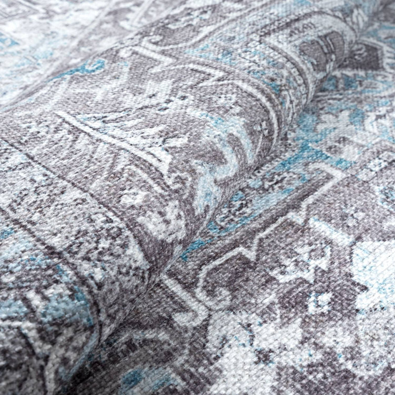 GLN Rugs Vintage Collection - Machine Washable Area Rug, Vintage Washable Rug, Non Slip Area Rug, Low Pile Living Room Rug, Bedroom Rug, Bathroom Rug - Easy Clean (Blue and Gray Area Rug)