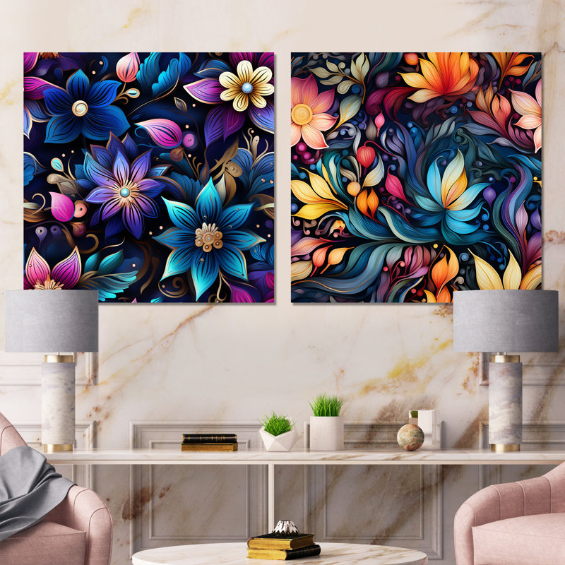 Celian - Ensemble de 2 reproductions d'art mural abstrait botaniques, Toile tendue, H 16 po x l 33 po x P 1 po