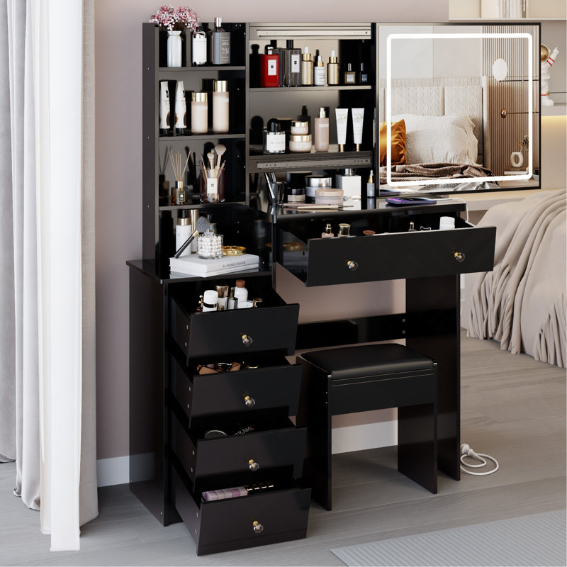37" Middle Size Left Bedside Cabinet Vanity Table + Cushioned Stool Dresser Set, 2 AC+2 USB Socket, Hair Dryer Stand, Large Touch Control LED Sliding Mirror, 3-Color Switch, EPA, GCC, UL Certificate
