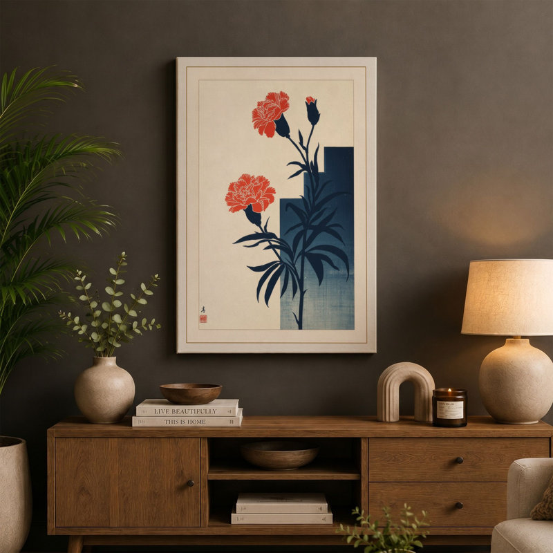 Carnations in Indigo Vase Japandi - Wrapped Canvas, 18x12 - 45.7 x 30.5 cm, Cream Border