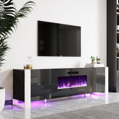 Meuble télé moderne avec foyer électrique 36 po, portes ultrabrillantes, lumières DEL et pieds en forme de U, noir