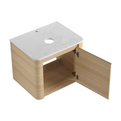 Meuble-lavabo mural de 60 po avec lavabo d'art en céramique et tablettes de rangement, porte à fermeture en douceur, matériau en contreplaqué rembourré de kd, surface d'eau, conception moderne à espace élargi, bords arrondis, 45 po