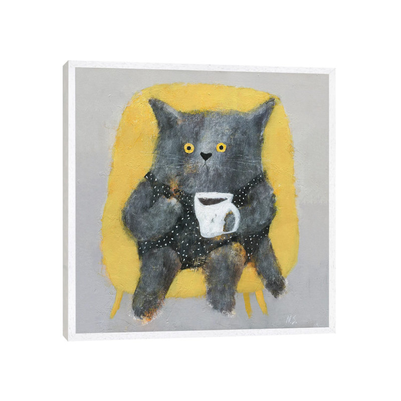 The Cat In The Chair Wit Cup Of Coffee by Natalia Shaloshvili - Print on Canvas, 93.98cm H x 93.98cm W x 3.81cm D