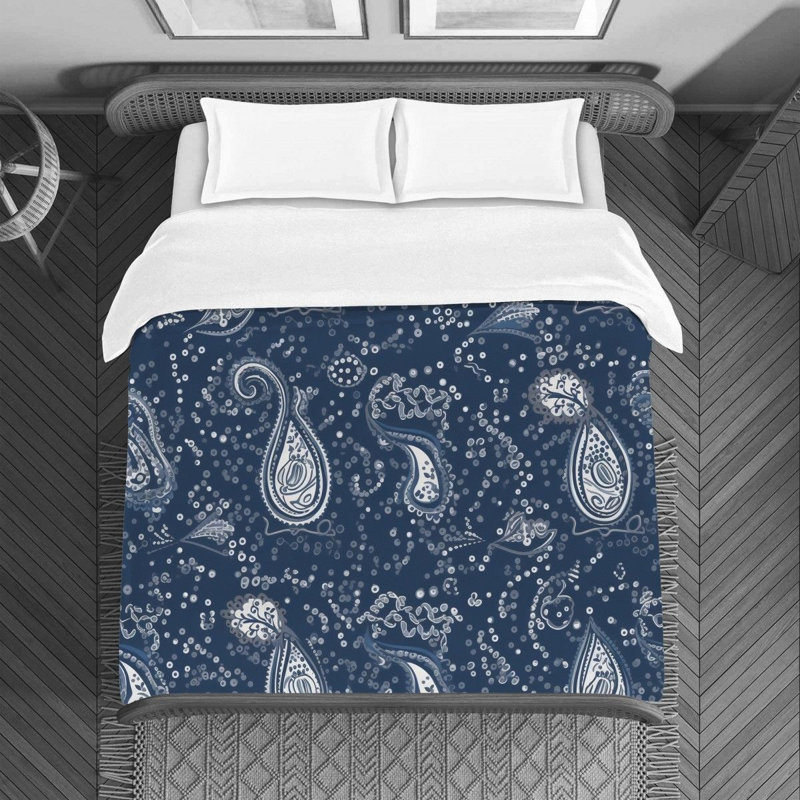 Machine Printed Duvet Cover, Twin Duvet Cover, Blue/White Paisley