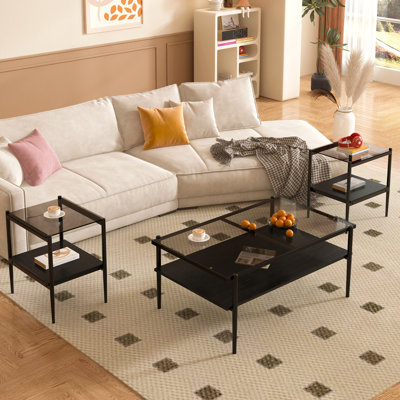Table basse et tables de bout, ensemble de 3, table en verre trempé avec panneau de fibres à densité moyenne, tables modernes
