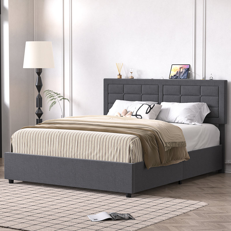 Base de lit tapissier pleine grandeur avec tête de lit ajustable Kempst, base de lit plateforme complète avec station de charge, sommier à lattes en bois, aucun sommier nécessaire