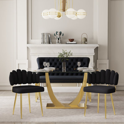 Armington Modern Glam Rectangular Tempered Glass Dining Set With Hand-Tufted Velvet Bench & Chairs