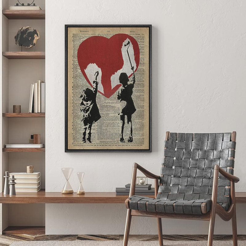 Pop Urban Street " Newspaper Kids Paint Heart " Graphic Art Print, 24" H x 16" W x 1.5" D, Black Floater Framed