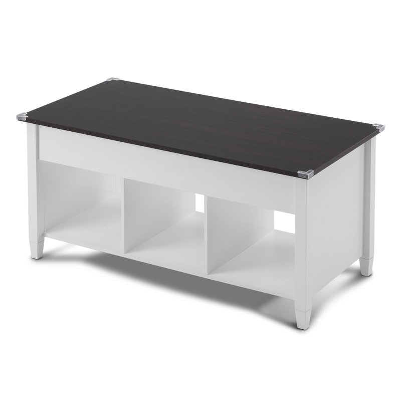 Table basse rectangulaire 39,96 pouces à structure double couche blanche avec pieds en bois massif relevables et panneau de grain de bois brun clair