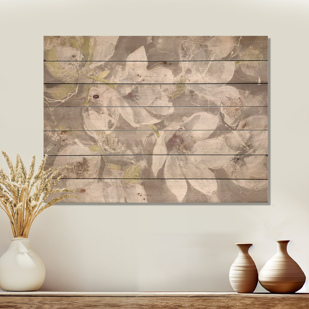 Beige And Brown Blossiming Flowers - Farmhouse Print on Natural Pine Wood East Urban Home