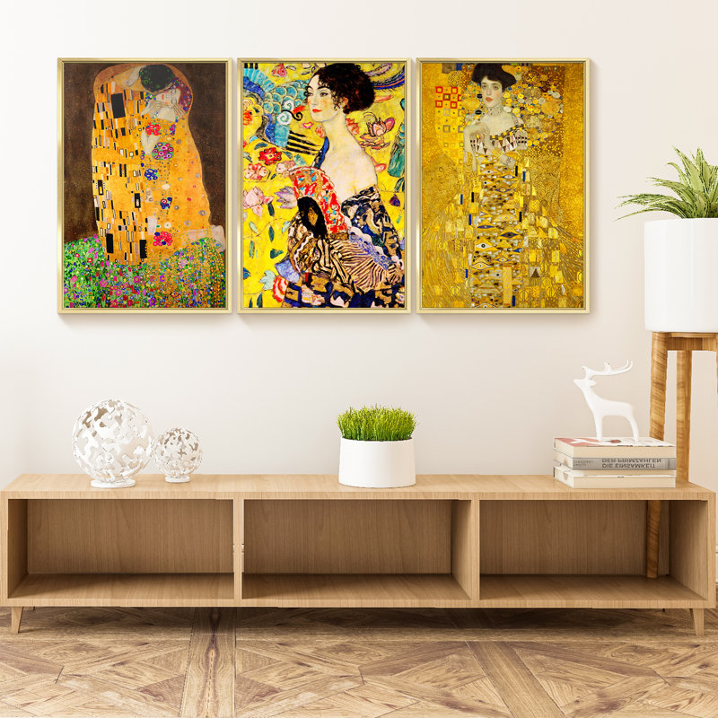 Cadre moderne abstrait encadré - ensemble de 3 reproductions sur toile, H 24 po x l 48 po x P 1,5 po, Or