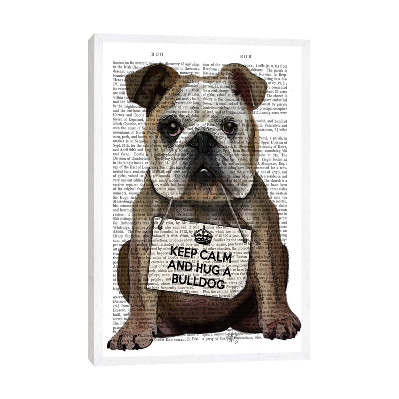 Hug A Bulldog by Fab Funky - Print on Canvas, 101.6 cm H x 66.04 cm W, White Floater Framed