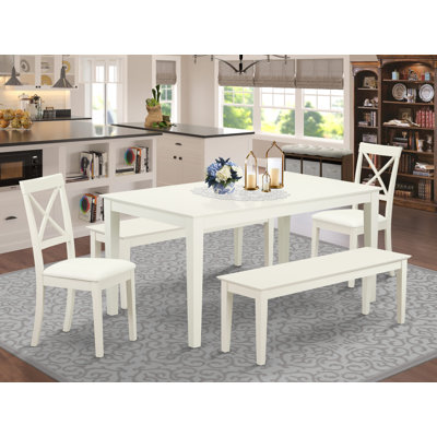 L'ensemble de table de salle à manger 5 pièces pour 4 personnes comprend une table de cuisine rectangulaire et 2 chaises de salle à manger en similicuir avec 2 bancs, blanc lin