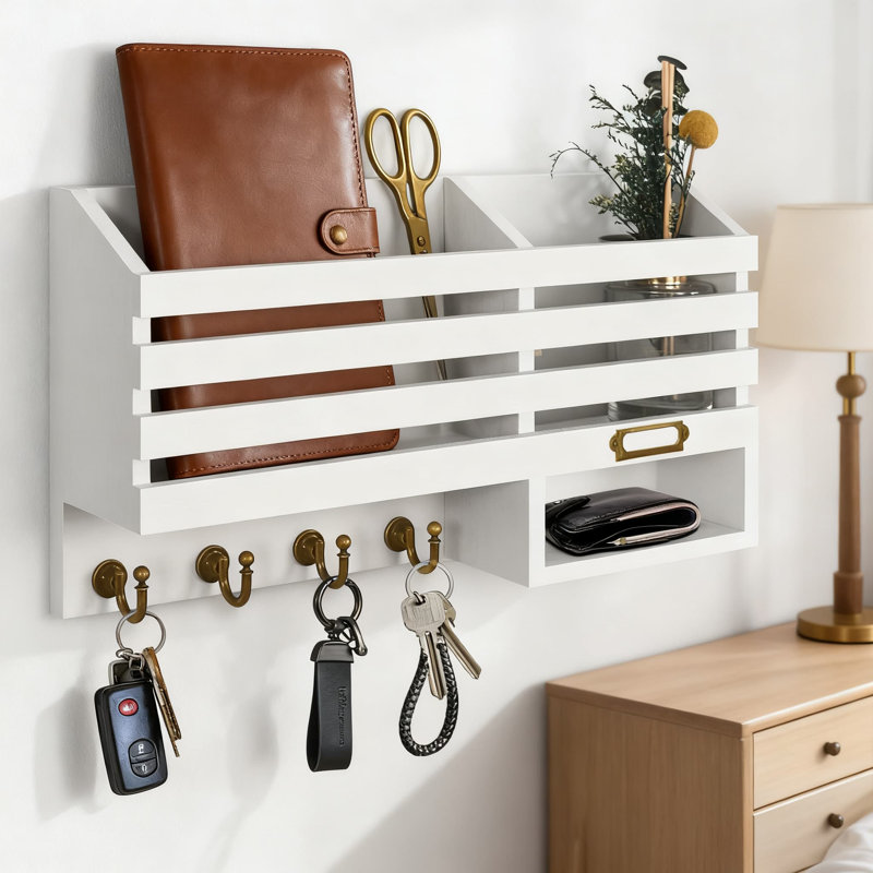 Porte-clés mural avec organisateur de courrier et tablette de rangement, organisateur de vestibule rustique avec 4 crochets robustes pour clés, laisses et accessoires, décor de ferme pour cuisine, vestibule et couloir