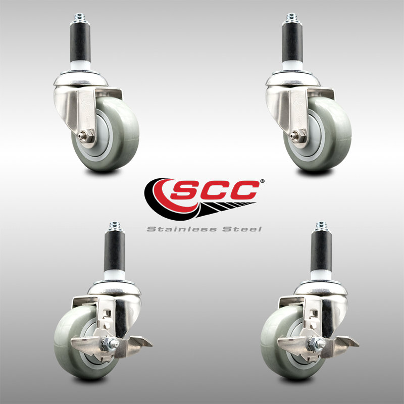 Ensemble de roulettes extensibles en polyéthylène pivotant 3 pouces 1 1/8 po à 3 freins 316SS, Jaune