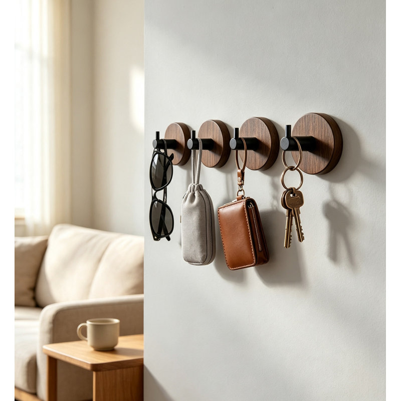 Patères murales en bois, porte-manteau en bois naturel, crochets robustes, ensemble de 4, Noir