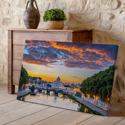 Canvas A Breathtaking Panoramic View Of Rome At Twilight Showcasing The Wall Art Majestic Silhouette Of St Peter S Basilica Against A Canvas Wall Art