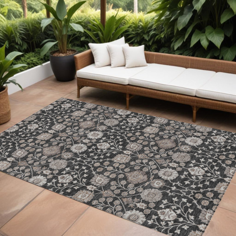 Tapis intérieur lavable floral noir et beige 9 'X 12'