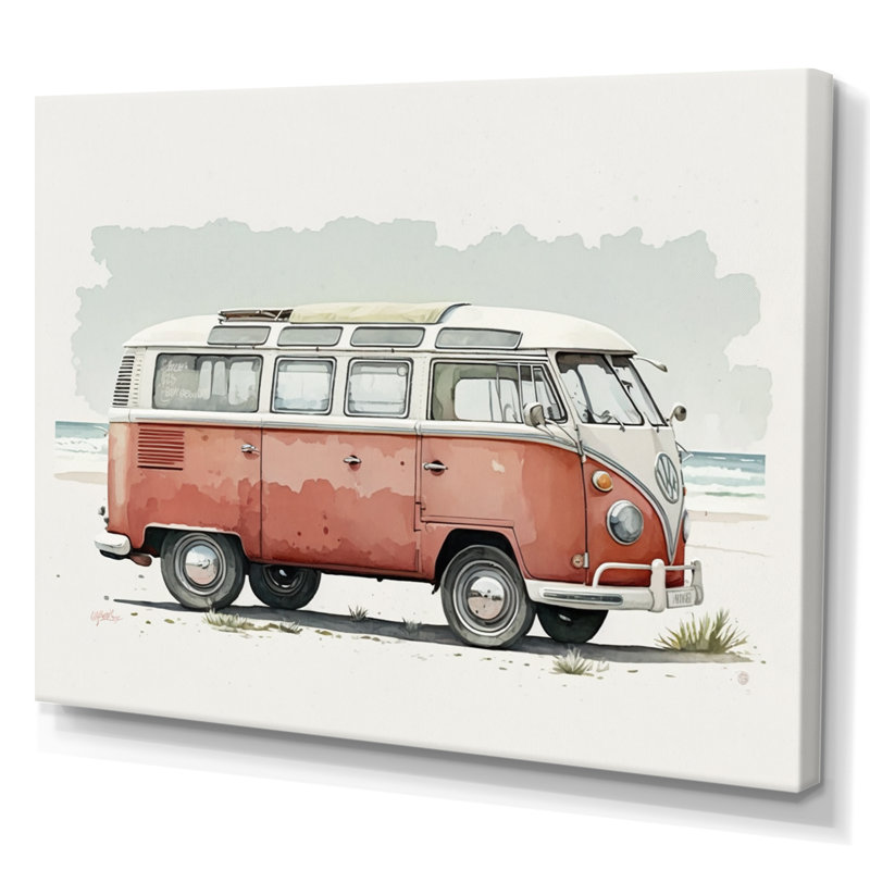 Van sur la plage - salon d'art mural de voiture rétro, L 44 po x H 34 po, Toile tendue