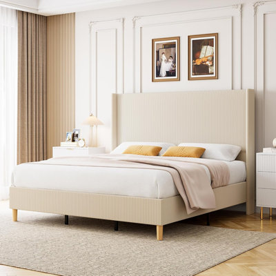King Size Upholstered Platform Bed Frame with Corduroy Vertical Channel Tufted Wingback Headboard, Wooden Slats, No Box Spring Needed, Creamy Beige