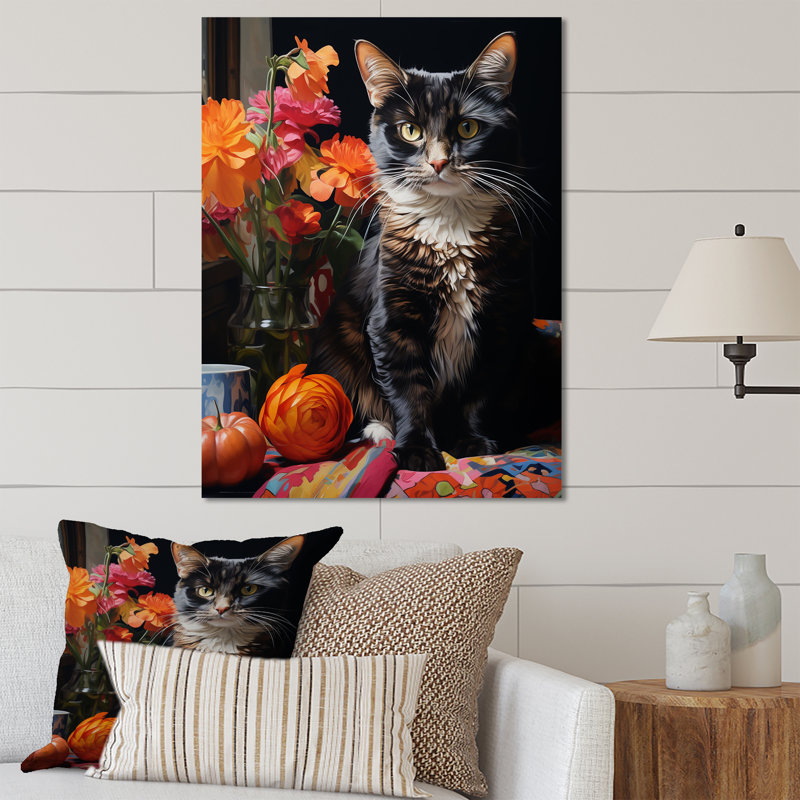 Élégant chat félin en fleurs II, H 20 po x l 12 po x P 1 po