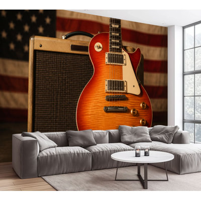 Wall Mural Peel and Stick Wallpaper american music guitar us flag guitar Self-Adhesive Removable Contact Paper Wall Decor for Living Room Bedroom 69"H x 96"W
