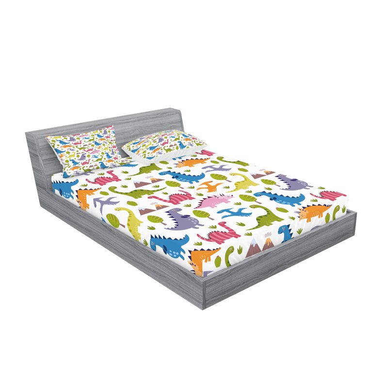 Ambesonne Dino Fitted Sheet & Pillow Sham Multicolor, King Sheet Set + 5 Additional Pieces